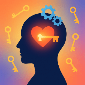 “Flat-vector illustration of a dark-blue human head silhouette with a glowing heart inside, five floating golden keys, and two gears—symbolizing the five keys to unlocking emotional intelligence.”