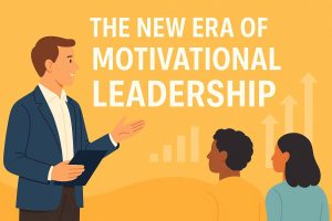 Flat-style illustration of a Caucasian male leader speaking to a diverse audience, with upward arrow graphics and the headline “The New Era of Motivational Leadership”