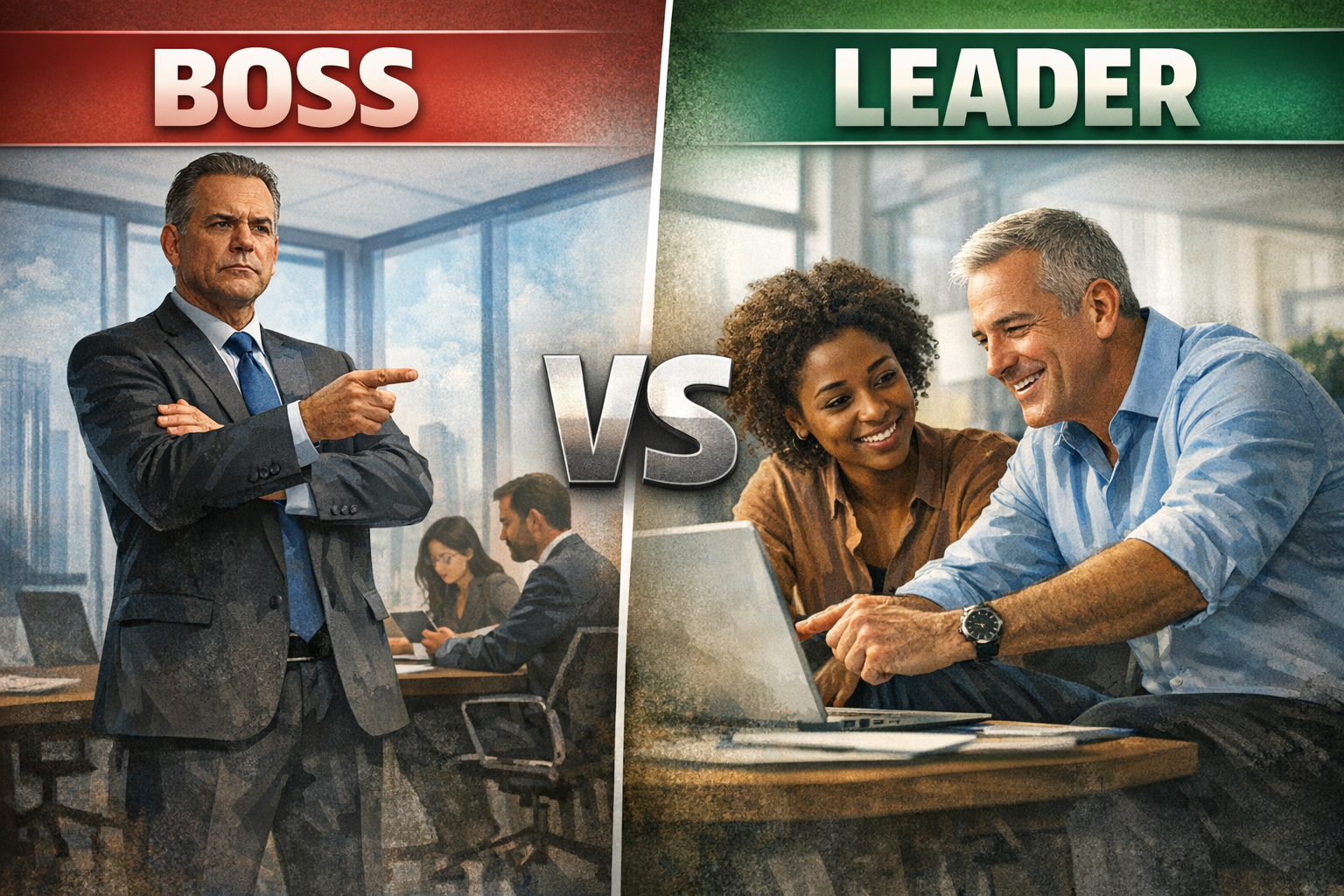 Leader vs boss — a leader coaches their team while a boss issues directives from a distance